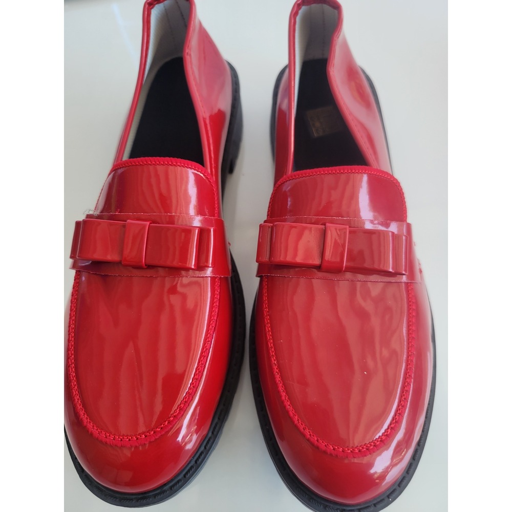 Red Patent Bow Loafers Lug Sole Slip On Shoes Size 43 - Picture 3 of 7